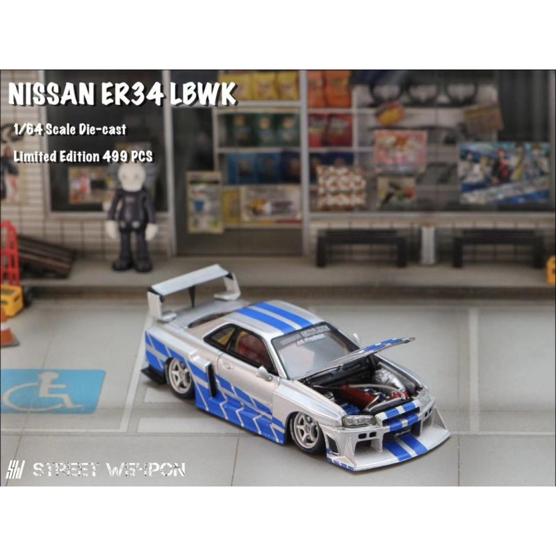 STREET WEAPON – 1/64 – NISSAN SKYLINE GT-R R34 LBWK - F&F - SILVER BLUE